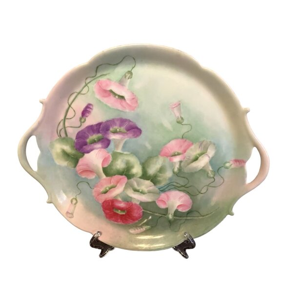 Hand-Painted Bavarian Porcelain Plate With Morning Glory Design & Dual Handles - Picture 1 of 6